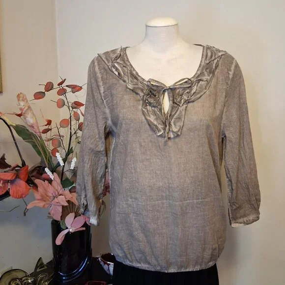 NWOT Monari Women’s Light Brown Ruffle Design Blouse Top ¾ Sleeve Summer Tops 10 - Picture 6 of 14